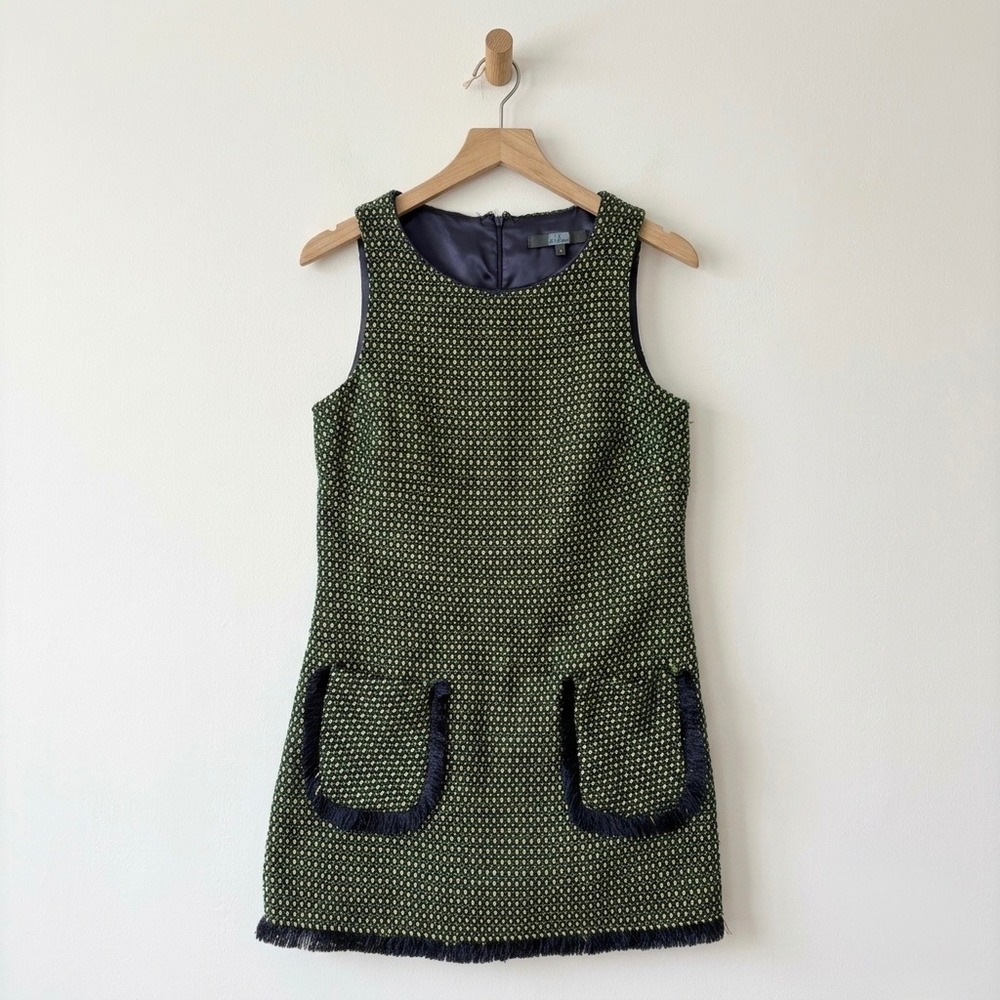 Eva Franco Green Gold Navy Tweed Fringed Shift Dress Size 8 USA Nantucket